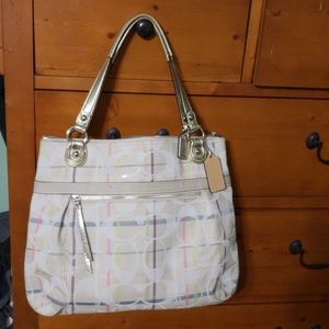 Large Coach tote plaid body gold metallic handles